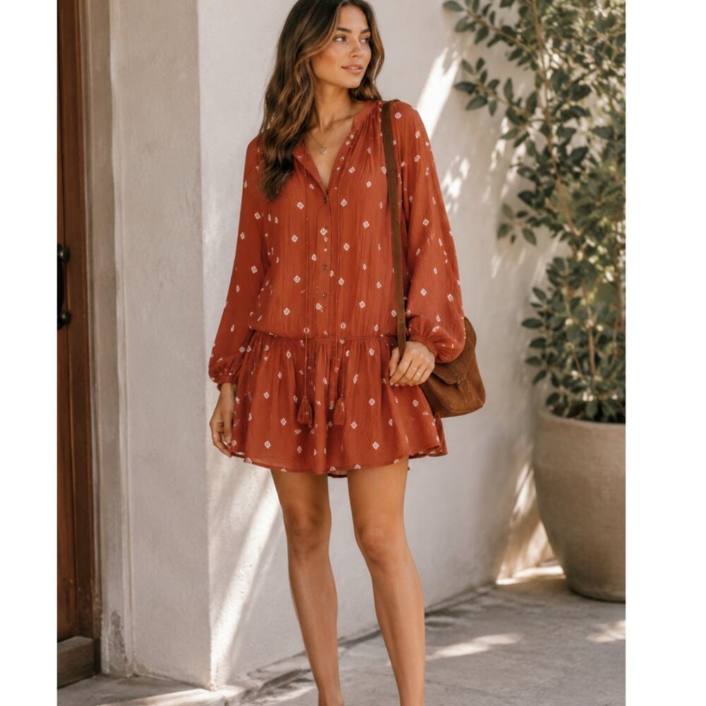 Dress Forum Orange Floral Boho Mini Dress Womens M Casual Revolve Long Sleeve